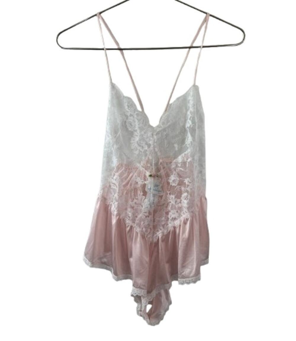 VINTAGE Undercover Wear Pink White Teddy Bodysuit Floral Lace Spaghetti Medium M